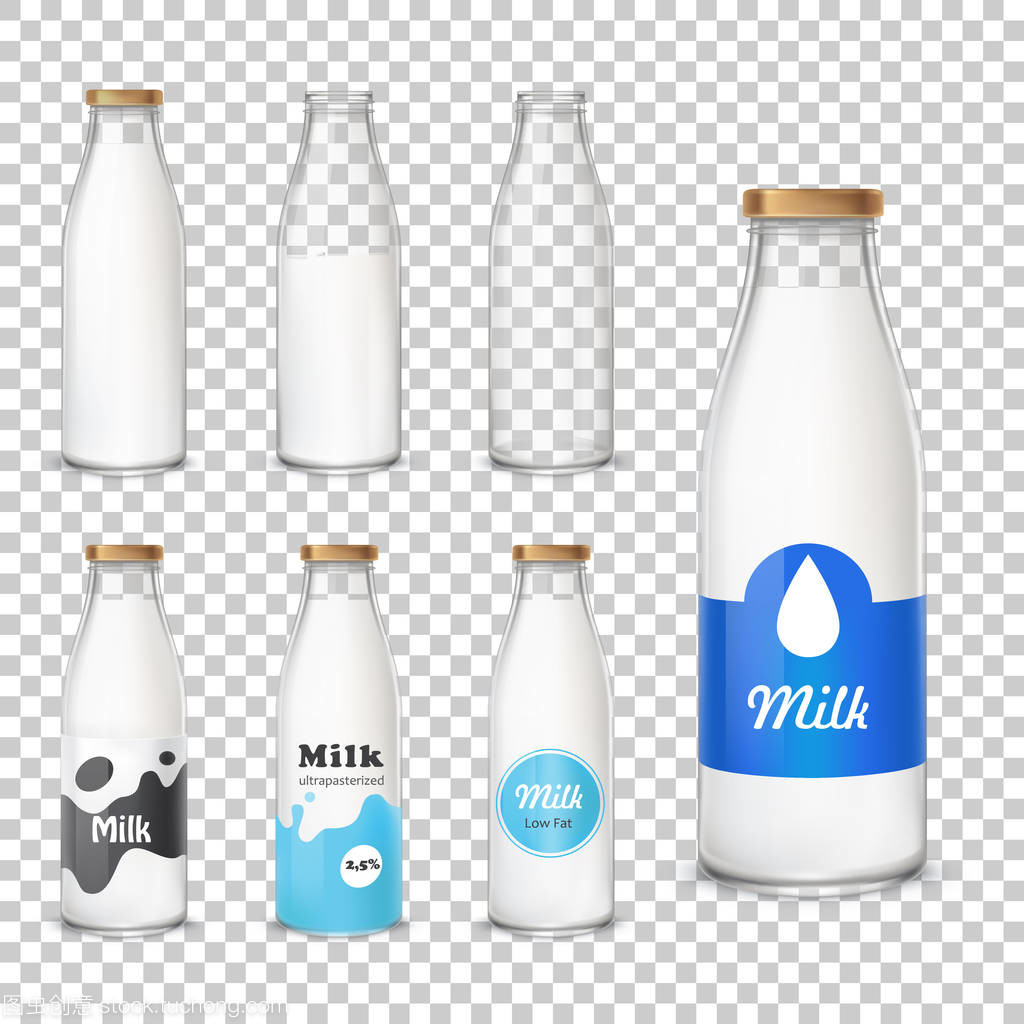 牛奶在写实风格的图标玻璃瓶一套